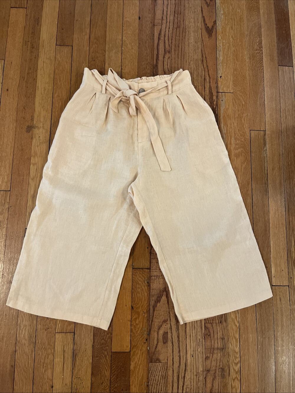 Grae Cove L 100 % LINEN Wide Leg Crop Elastic Waist Pants Pockets Boho Yellow